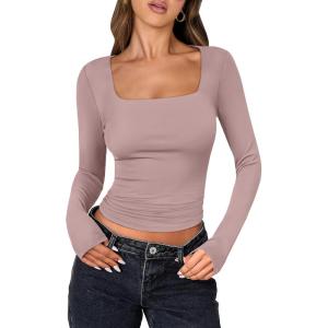 imageANRABESS Women Double Lined Long Sleeve Crop Tops Shirts Square Neck Tight Fitted Going Out TShirt Basic Tee Outfits 2026Grey Pink