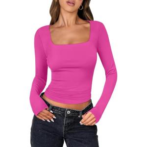 imageANRABESS Women Double Lined Long Sleeve Crop Tops Shirts Square Neck Tight Fitted Going Out TShirt Basic Tee Outfits 2026Hot Pink