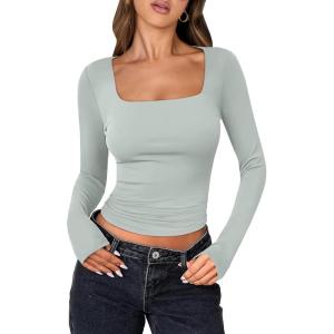 imageANRABESS Women Double Lined Long Sleeve Crop Tops Shirts Square Neck Tight Fitted Going Out TShirt Basic Tee Outfits 2026Light Green