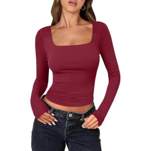 imageANRABESS Women Double Lined Long Sleeve Crop Tops Shirts Square Neck Tight Fitted Going Out TShirt Basic Tee Outfits 2026Red