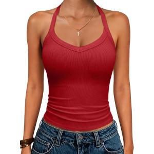 imageANRABESS Women Halter Crop Tank Tops V Neck Backless Ribbed Fitted Sleeveless Cami Shirts 2026 Summer Workout Gym ClothesRed