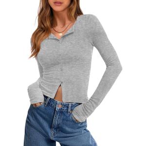 imageANRABESS Women Long Sleeve Button Down Shirts Ribbed Knit Slim Fitted Crop Tops 2026 Fall Y2K Dressy Casual Trendy OutfitsGrey