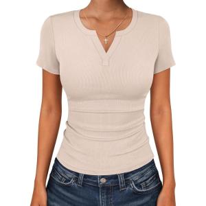 imageANRABESS Women Short Sleeve Tops V Neck Rib Knit Slim Fit Shirts Basic Tee 2026 Summer Casual TShirt Outfits ClothesBeige