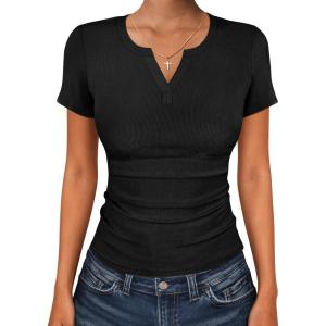 imageANRABESS Women Short Sleeve Tops V Neck Rib Knit Slim Fit Shirts Basic Tee 2026 Summer Casual TShirt Outfits ClothesBlack