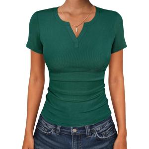 imageANRABESS Women Short Sleeve Tops V Neck Rib Knit Slim Fit Shirts Basic Tee 2026 Summer Casual TShirt Outfits ClothesDeep Green