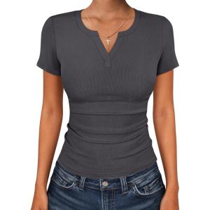 imageANRABESS Women Short Sleeve Tops V Neck Rib Knit Slim Fit Shirts Basic Tee 2026 Summer Casual TShirt Outfits ClothesDeep Grey