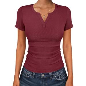 imageANRABESS Women Short Sleeve Tops V Neck Rib Knit Slim Fit Shirts Basic Tee 2026 Summer Casual TShirt Outfits ClothesDeep Red