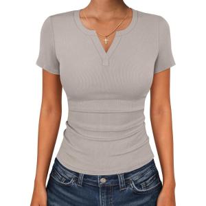 imageANRABESS Women Short Sleeve Tops V Neck Rib Knit Slim Fit Shirts Basic Tee 2026 Summer Casual TShirt Outfits ClothesGrey Khaki