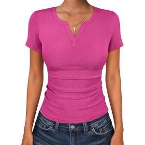imageANRABESS Women Short Sleeve Tops V Neck Rib Knit Slim Fit Shirts Basic Tee 2026 Summer Casual TShirt Outfits ClothesHot Pink