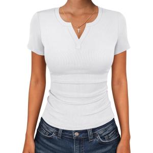 imageANRABESS Women Short Sleeve Tops V Neck Rib Knit Slim Fit Shirts Basic Tee 2026 Summer Casual TShirt Outfits ClothesWhite