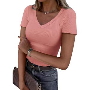 imageANRABESS Women Short Sleeve V Neck Ribbed Knit Fitted Shirts Basic Tees Tops 2026 Summer Casual TShirts Going Out OutfitsCoral