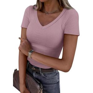 imageANRABESS Women Short Sleeve V Neck Ribbed Knit Fitted Shirts Basic Tees Tops 2026 Summer Casual TShirts Going Out OutfitsGrey Pink
