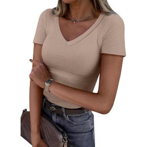 imageANRABESS Women Short Sleeve V Neck Ribbed Knit Fitted Shirts Basic Tees Tops 2026 Summer Casual TShirts Going Out OutfitsLight Khaki