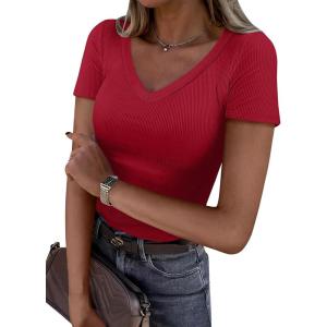 imageANRABESS Women Short Sleeve V Neck Ribbed Knit Fitted Shirts Basic Tees Tops 2026 Summer Casual TShirts Going Out OutfitsRed