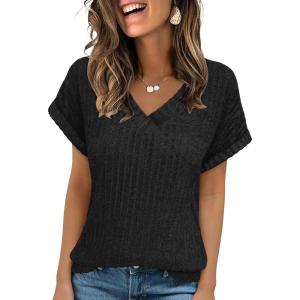 imageANRABESS Women Tops Summer Sweaters Short Sleeve V Neck Shirts 2026 Spring Fashion Dressy Casual Business Tunic BlousesBlack