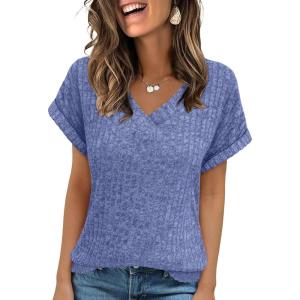 imageANRABESS Women Tops Summer Sweaters Short Sleeve V Neck Shirts 2026 Spring Fashion Dressy Casual Business Tunic BlousesBlue