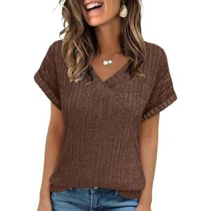imageANRABESS Women Tops Summer Sweaters Short Sleeve V Neck Shirts 2026 Spring Fashion Dressy Casual Business Tunic BlousesBrown