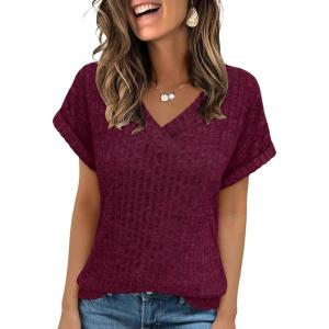 imageANRABESS Women Tops Summer Sweaters Short Sleeve V Neck Shirts 2026 Spring Fashion Dressy Casual Business Tunic BlousesBurgundy