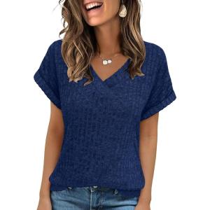 imageANRABESS Women Tops Summer Sweaters Short Sleeve V Neck Shirts 2026 Spring Fashion Dressy Casual Business Tunic BlousesDeep Blue