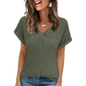 imageANRABESS Women Tops Summer Sweaters Short Sleeve V Neck Shirts 2026 Spring Fashion Dressy Casual Business Tunic BlousesDeep Green