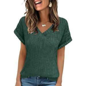 imageANRABESS Women Tops Summer Sweaters Short Sleeve V Neck Shirts 2026 Spring Fashion Dressy Casual Business Tunic BlousesGreen