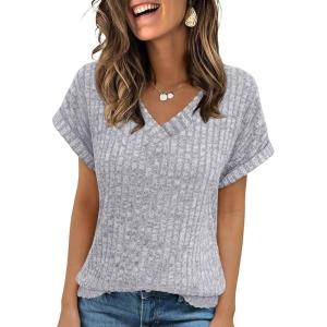 imageANRABESS Women Tops Summer Sweaters Short Sleeve V Neck Shirts 2026 Spring Fashion Dressy Casual Business Tunic BlousesGrey