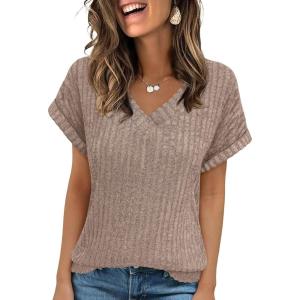 imageANRABESS Women Tops Summer Sweaters Short Sleeve V Neck Shirts 2026 Spring Fashion Dressy Casual Business Tunic BlousesKhaki