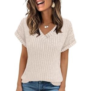 imageANRABESS Women Tops Summer Sweaters Short Sleeve V Neck Shirts 2026 Spring Fashion Dressy Casual Business Tunic BlousesLight Khaki