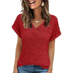 imageANRABESS Women Tops Summer Sweaters Short Sleeve V Neck Shirts 2026 Spring Fashion Dressy Casual Business Tunic BlousesRed