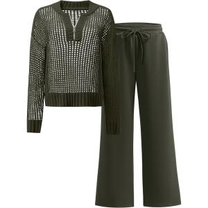 imageANRABESS Womens 2 Piece Outfits 2026 Fall Crochet Knit Half Zip Sweater Top Wide Leg Pant Travel Matching Sets Lounge ClothesArmy Green