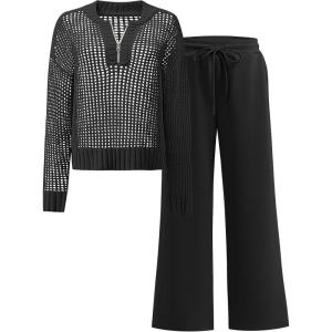 imageANRABESS Womens 2 Piece Outfits 2026 Fall Crochet Knit Half Zip Sweater Top Wide Leg Pant Travel Matching Sets Lounge ClothesBlack