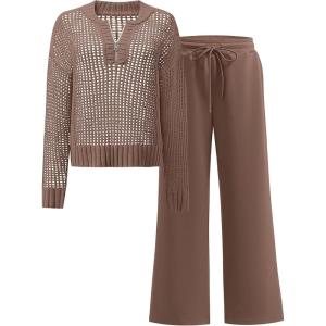 imageANRABESS Womens 2 Piece Outfits 2026 Fall Crochet Knit Half Zip Sweater Top Wide Leg Pant Travel Matching Sets Lounge ClothesBrown