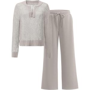 imageANRABESS Womens 2 Piece Outfits 2026 Fall Crochet Knit Half Zip Sweater Top Wide Leg Pant Travel Matching Sets Lounge ClothesLight Khaki