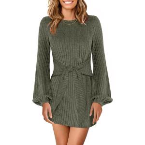 imageANRABESS Womens 2026 Fall Dress Long Lantern Sleeve Ribbed Knit Casual Tie Waist Lightweight Mini Sweater DressDeep Green