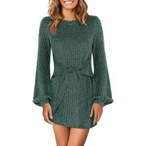imageANRABESS Womens 2026 Fall Dress Long Lantern Sleeve Ribbed Knit Casual Tie Waist Lightweight Mini Sweater DressGreen