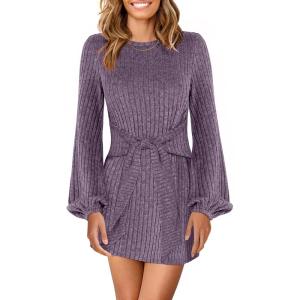 imageANRABESS Womens 2026 Fall Dress Long Lantern Sleeve Ribbed Knit Casual Tie Waist Lightweight Mini Sweater DressPurple