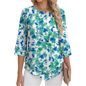 imageANRABESS Womens 34 Sleeve Blouses Dressy Casual Double Layers Shirts Flowy Tunic Top 2026 Spring Beach Vacation ClothesBlue Green Spot