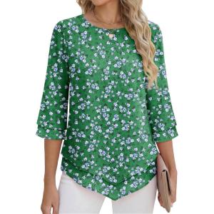 imageANRABESS Womens 34 Sleeve Blouses Dressy Casual Double Layers Shirts Flowy Tunic Top 2026 Spring Beach Vacation ClothesFloral Green