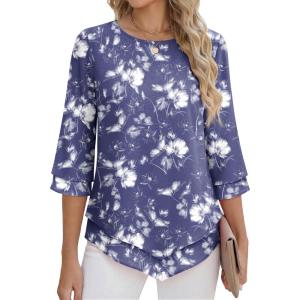 imageANRABESS Womens 34 Sleeve Blouses Dressy Casual Double Layers Shirts Flowy Tunic Top 2026 Spring Beach Vacation ClothesFloral Purple