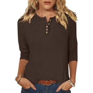 imageANRABESS Womens 34 Sleeve Tops Henley Shirts Casual Trendy Button T Shirts 2026 Summer Basic TunicBrown