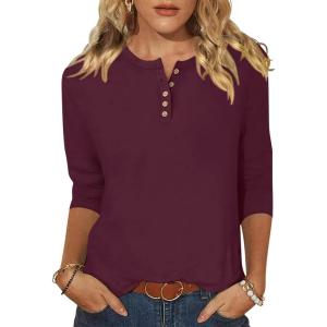 imageANRABESS Womens 34 Sleeve Tops Henley Shirts Casual Trendy Button T Shirts 2026 Summer Basic TunicBurgundy