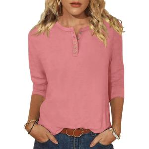 imageANRABESS Womens 34 Sleeve Tops Henley Shirts Casual Trendy Button T Shirts 2026 Summer Basic TunicCoral Pink