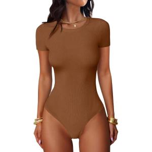 imageANRABESS Womens Bodysuits Short Sleeve Crew Neck Slim Fit Casual Tops Ribbed Knit Soft Basic Tee Shirts Trendy Outfits 2026Brown