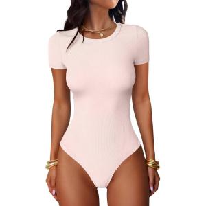 imageANRABESS Womens Bodysuits Short Sleeve Crew Neck Slim Fit Casual Tops Ribbed Knit Soft Basic Tee Shirts Trendy Outfits 2026Light Apricot