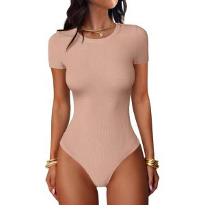 imageANRABESS Womens Bodysuits Short Sleeve Crew Neck Slim Fit Casual Tops Ribbed Knit Soft Basic Tee Shirts Trendy Outfits 2026Light Camel