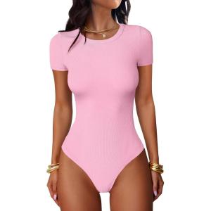 imageANRABESS Womens Bodysuits Short Sleeve Crew Neck Slim Fit Casual Tops Ribbed Knit Soft Basic Tee Shirts Trendy Outfits 2026Pink