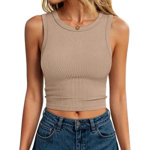 imageANRABESS Womens Crop Tank Tops High Neck Sleeveless Ribbed Knit Slim Fit Shirts 2026 Summer Casual Basic Workout ClothesLight Camel