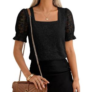 imageANRABESS Womens Dressy Casual Blouses 2026 Summer Work Shirts Lace Square Neck Puff Sleeve Tee Tops Spring Fashion ClothesBlack