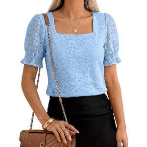 imageANRABESS Womens Dressy Casual Blouses 2026 Summer Work Shirts Lace Square Neck Puff Sleeve Tee Tops Spring Fashion ClothesLight Blue