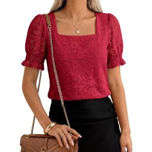 imageANRABESS Womens Dressy Casual Blouses 2026 Summer Work Shirts Lace Square Neck Puff Sleeve Tee Tops Spring Fashion ClothesRed